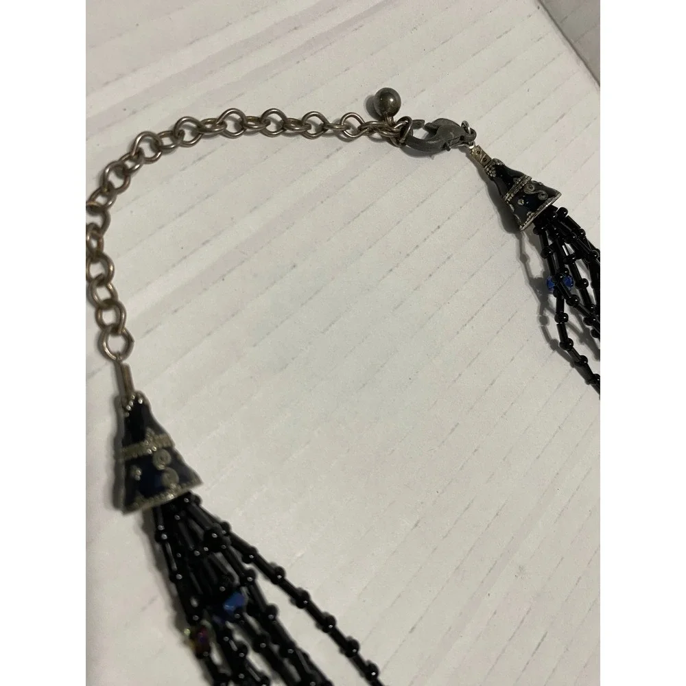Chico's Beaded Pendant Necklace Women OS Black Multi-Strand Boho Enamel Teardrop